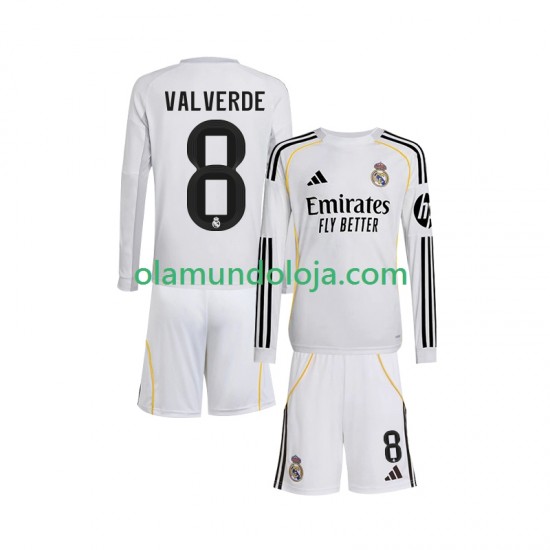Camisola Real Madrid Valverde 8 Criança Equipamento Primeiro 2025-2026 Manga Comprida